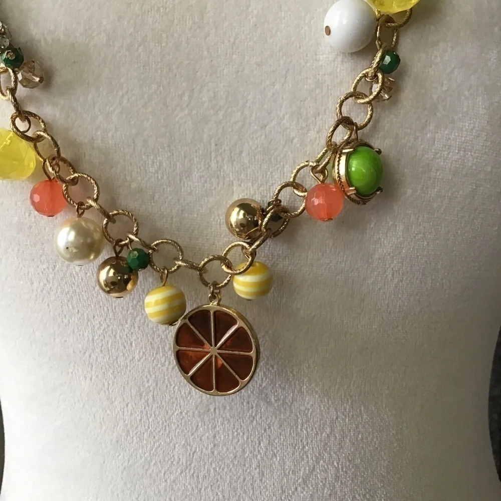 Citrus Baubles Necklace Orange Yellow White Green Gold Tone Beads Florida FL 35”